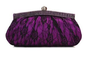 Purple Satin Black Lace Rhinestone Evening/Wedding Clutch Purse Bag