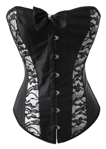 Sexy Black & Grey Satin & Lace Corset Lace Up Bustier With Bow