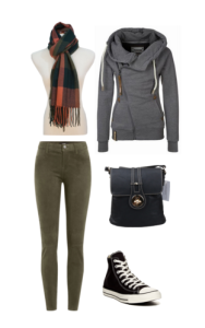 Going shopping into the night? Try a casual night out look. Olive color pants with a grey jacket is stylish for both the day and night. 